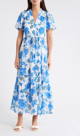 Sugarlips Samian Floral Kissa Button Down Dress in White-Blue-Green at Nordstrom, Size X-Small