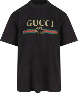 Gucci Tops, Dames, Zwart, XS, Katoen, T-shirt van katoenjersey en zijde met print