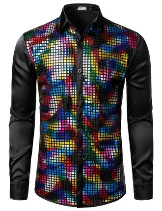 JOGAL Mens Dress Shirt Silver Sequins Long Sleeve Button Down 70s Disco Shirt Party Costume Multicolor XX-Large