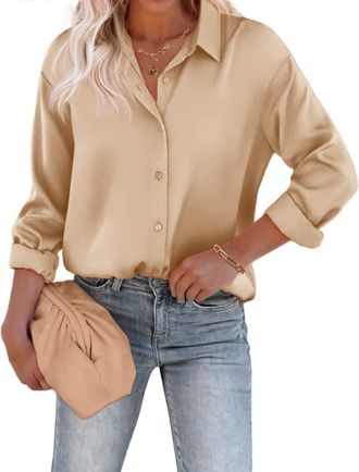 Beyove Womens Blouse Satin Silk V-Neck Shirts Elegant Long Sleeve Business Tops with Buttons Tops Loose Long Sleeve Shirt, Champagne gold., XXL