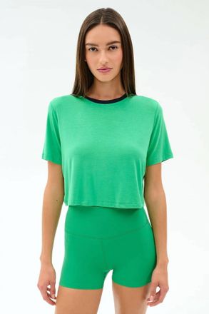 SPLITS59 Djuna Crop Ringer Top In Spearmint/indigo