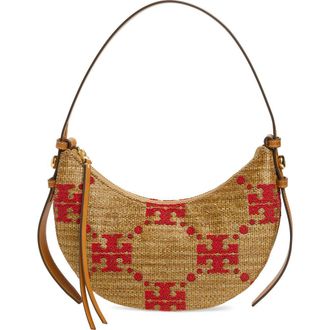Tory Burch Romy T Monogram Straw Half Moon Shoulder Bag in Natural at Nordstrom