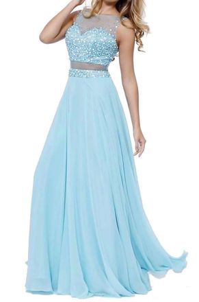 Nox Anabel Long Chiffon Beaded Dress In Aqua