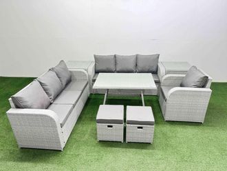 Fimous 8 Pieces PE Rattan Garden Furniture with 2 Side Tables 2 Small Stools in Light Grey