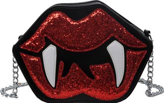 Generic Women Lip Shape Shoulder Bag PU Leather Gothic Crossbody Bag Zipper Closure Sequined Tooth Lip Sling Bag Halloween Outdoor Bag (Black)