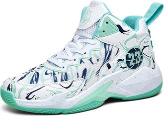 Generic Unisex Basketball Shoes Anti Slip Breathable Fashionable Graffiti Sports Training Boots Walking Shoes(Green,5.5 UK)