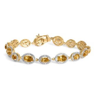 House of Brilliance Gold Vermeil Oval Citrine and 1/10 Cttw Diamond Halo Link Bracelet