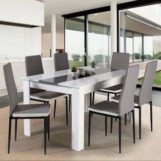 IDMarket Mesa de comedor GEORGIA 140 cm blanca y gris y 6 sillas ROMANE grises con borde blanco