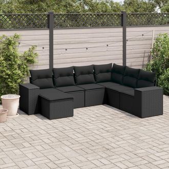 vidaXL Set De Comedor De Jard&iacute;n 7 Pzas Y Cojines Rat&aacute;n Sint&eacute;tico Negro Vidaxl