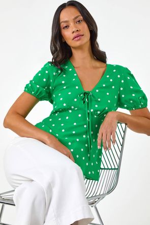 DUSK Spot Print Tie Front Top