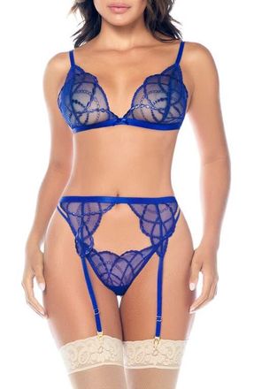 Mapal&eacute; Embroidered Mesh Bra, Thong & Garter Belt Set in Sapphire Blue at Nordstrom, Size Small