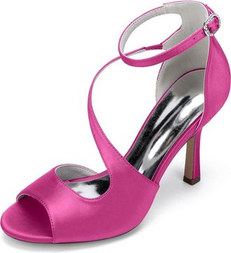 Generic Wedding Bridal Shoes Women Peep Toe Ankle Straps Stiletto Sandals Buckle Satin Evening Party Prom High Heel 9.5Cm,Fuchsia,10 UK