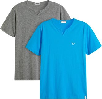 Bonprix T-Shirt BONPRIX T-Shirt (2er Pack), Herren, Gr. 72/74 (5XL), blau (mittelmeerblau, grau meliert), Obermaterial: 70% Baumwolle, 30% Viskose, unifarben,