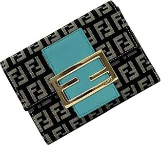 Fendi Zucchino Black Blue Canvas Leather Wallet (Tri-Fold) (Pre-Owned)