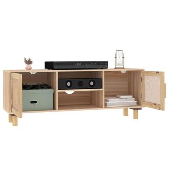 Berkfield Home TV Cabinet Brown 105x30x40 cm Solid Wood Pine&Natural Rattan in Light Tan | Size: 105 x 30 x 40 cm