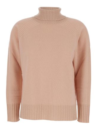 Twin-Set Pink Turtleneck Sweater With Ribbed Details In Wool Woman