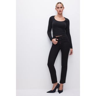 Good American Womens Never Fades Good Legs Straight Jeans | Extra Stretch, Flat Tummy Tech, Gap-Proof Waistband | Black, Size 2 | Good Americ
