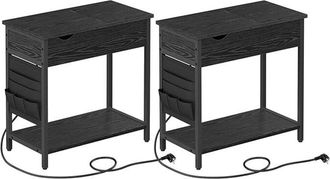 Vasagle Tavolini con Multipresa, Set di 2, Tavolini Stretti con Porte USB, Sacchi, Comodino, per Salotto Soggiorno, Camera da Letto, Nero Effetto