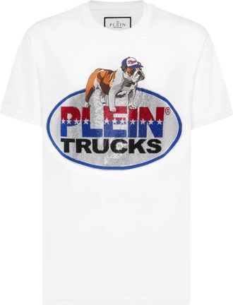 Philipp Plein Tops, Heren, Wit, L, Katoen, Round Neck T-Shirt Bulldog Crystal