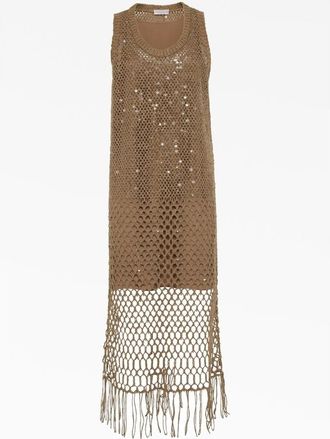 Brunello Cucinelli Fango Silk Linen Crochet Dress With Fringe, Size X-Small