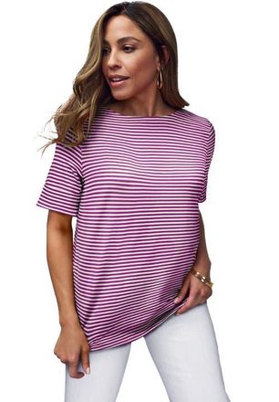Jessica London Stretch Cotton Cuff Tee in Deep Orchid Feeder Stripe at Nordstrom, Size 12