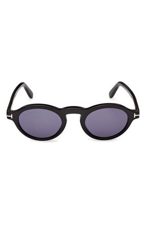 Tom Ford Aristotele 48mm Small Oval Sunglasses in Shiny Black /Blue Lens at Nordstrom
