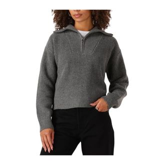 Envii Donkergrijze Half Zip Gebreide Trui - Dames - Coltruien - Grijs - XL - Wol - Truien & Vesten
