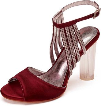 Generic Satin Wedding Bridal Shoes Womens Chunky Heels Open Toe Ankle Strap Heeled Evening Party Dress High Sandals 10.5Cm,Burgundy,6 UK