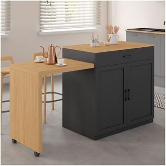 IDMarket Isola centrale VITO 94-155 cm in legno nero con tavolo da pranzo integrato allungabile in finitura faggio