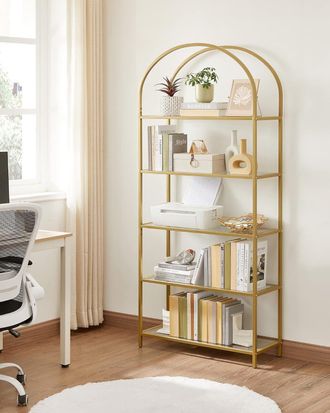 Vasagle 5-Tier Tempered Glass Shelving Unit Arched Design Steel Frame in Gold