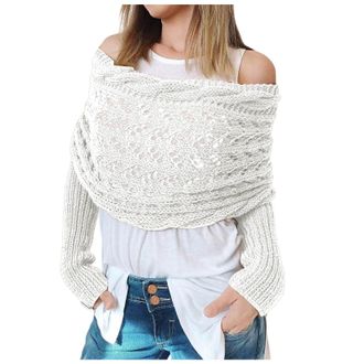 Generic Womens Multifunctional Scarf with Sleeves Knitted Cable Wrap Scarf with Sleeves Croche UK Fashion Autumn Winter Outdoor Solid Color Wool Hollow Length