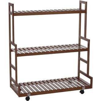 Hhg [NON UTILIZZATO] Scaffale per piante in bamb&ugrave; HHG-372, scala mobile supporto per fiori, 3 ripiani, rotelle, 105x90x38 cm, marrone