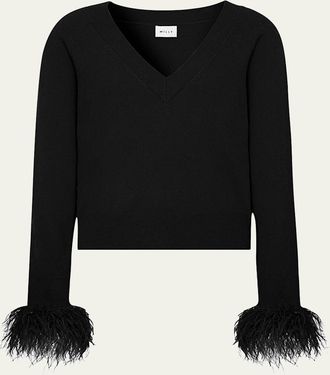 Milly Feather-Trim Wool-Cashmere Sweater