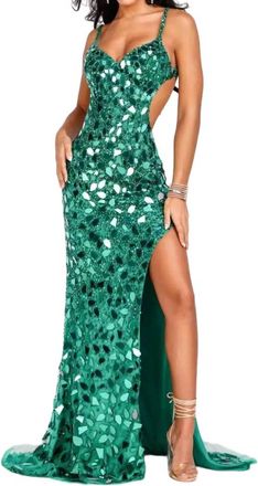 Terani Couture Mirror Embellished Prom Dress In Emerald