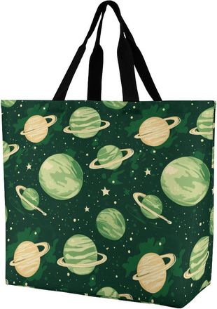 Generic Planet Watercolor Reusable Shopping Bags One Shoulder Grocery Tote Bag Waterproof Big Purse for Work Travel