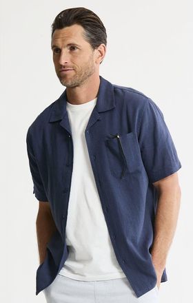 J.A.C.H.S. Linen Blend Short Sleeve Camp Shirt in Indigo at Nordstrom, Size Xx-Large