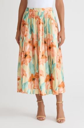 Misook Floral Pleated Crepe de Chine Maxi Skirt in Sunglow/mystic Green at Nordstrom, Size Xx-Large