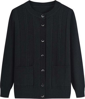 Generic Cardigan Sweaters for Elderly Women 2025 Autumn Winter Button up Round Neck Sweater Coat Soft Knitwear with Pockets Black One Size