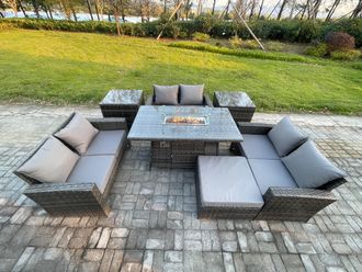 Fimous High Back Rattan Garden Furniture Sofa Sets with Outdoor Furniture Gas Firepit Dining Table Set 2 Side Tables in Dark Grey