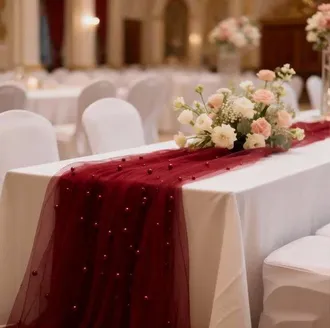 OEM Dos Caminos De Mesa De Malla Nacarada De 0,75 M X 3 M, Manteles Transparentes De Temporada Para Cenas, Fiestas, Bodas, Cumplea&ntilde;os, Rojo Burdeos