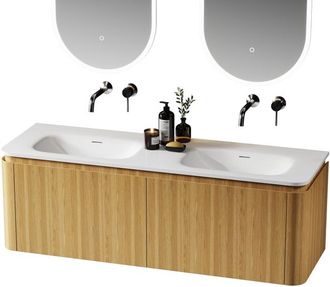 Saniclass Terra Badkamermeubelset - 140x42x45.5cm - solid surface wastafel wit mat - 2 wasbakken - 4 lades - Sandwood (licht eiken)