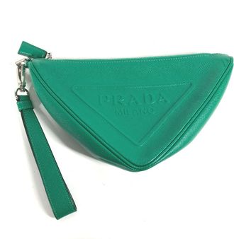 Prada Green Saffiano Triangle Clutch Bag Pouch (Pre-Owned)