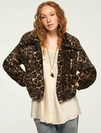 Lucky Brand Womens Leopard Faux Fur Coat