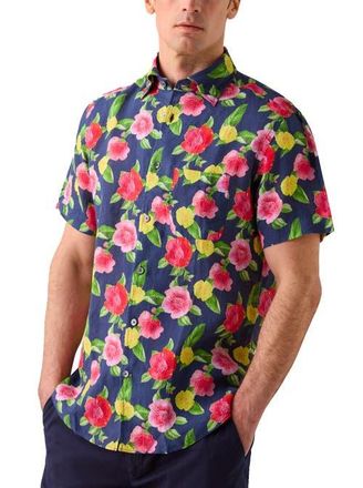 Robert Talbott Morgan Printed Linen Short Sleeve Shirt in Navy at Nordstrom, Size Large