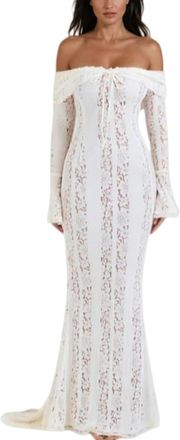 Generic Lace Dress for Women, Fitted Off Shoulder Lace Maxi Dress Elegant Bell Sleeve Off Shoulder Knotted Maxi Formal Dresses. (White,L)