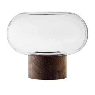 LSA Oblate Glass Vase Lantern 28cm with Walnut Base Clear | Size: 28 cm
