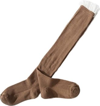 Generic Women Ribbed Knitted Extra Long Thigh High Stockings with Ruffled Floral Lace Trim Japanese Over Knee Socks