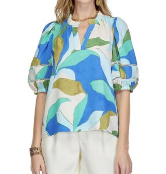 Jade Yoga Tropical Placket Top In Tropical Leaves