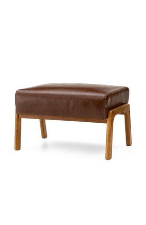 Glitzhome Mid-century Modern Faux Leather Accent Stool with Walnut Rubberwood Legs in Coffee at Nordstrom, Size Medium