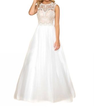 Mac Duggal Lace And Tulle Ball Gown In Ivory/nude